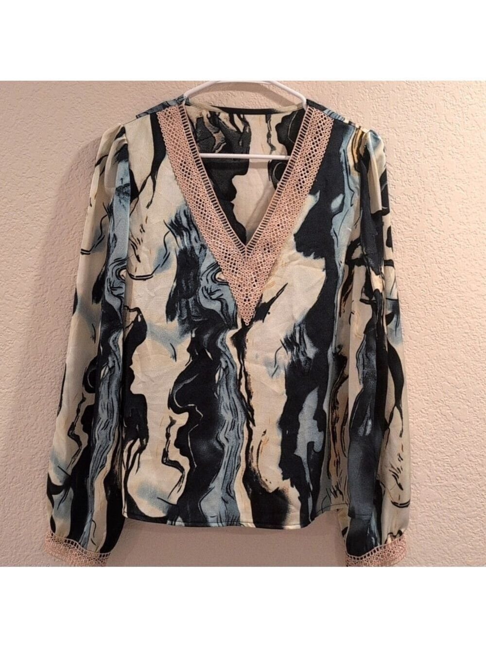 Blue White Abstract Lace V Neck Long Sleeve Blouse Medium